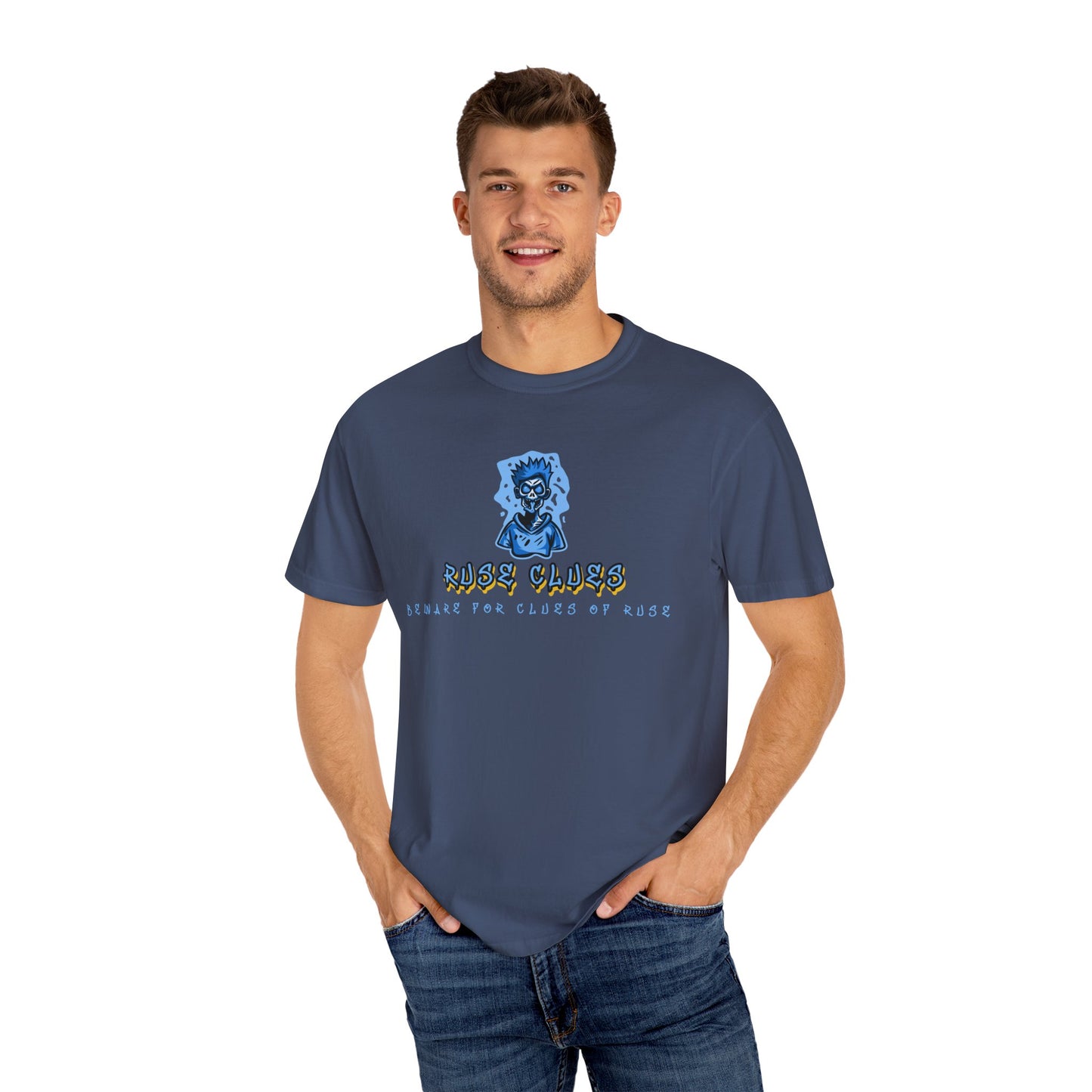 Garment-Dyed Ruse Clues T-Shirt - Unisex Graphic Shirt, Casual Wear, Gift for Friends, Street Fashion, Beach Day