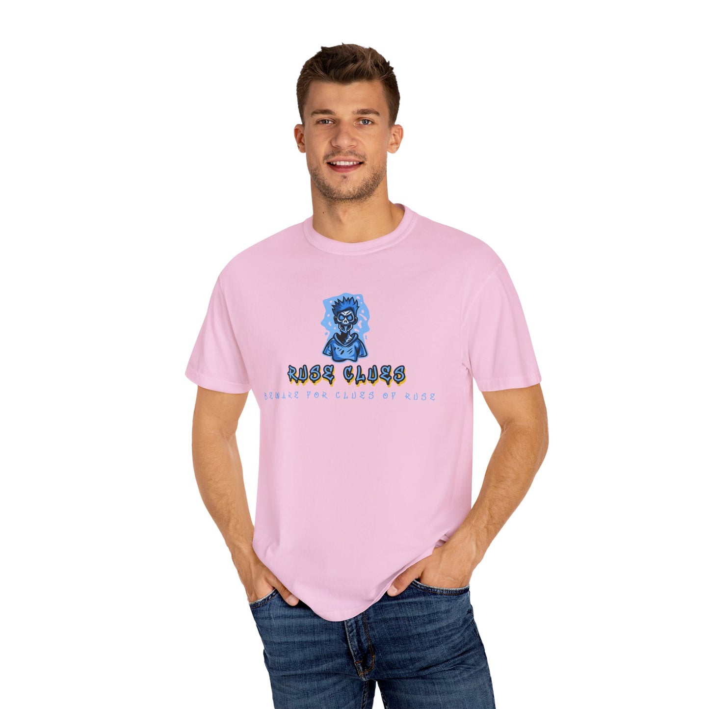 Garment-Dyed Ruse Clues T-Shirt - Unisex Graphic Shirt, Casual Wear, Gift for Friends, Street Fashion, Beach Day