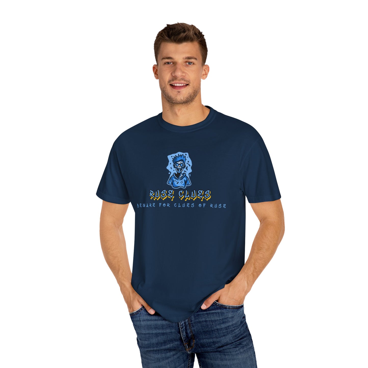 Garment-Dyed Ruse Clues T-Shirt - Unisex Graphic Shirt, Casual Wear, Gift for Friends, Street Fashion, Beach Day