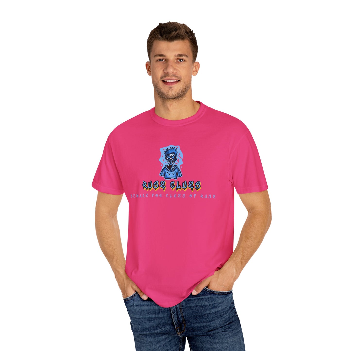 Garment-Dyed Ruse Clues T-Shirt - Unisex Graphic Shirt, Casual Wear, Gift for Friends, Street Fashion, Beach Day