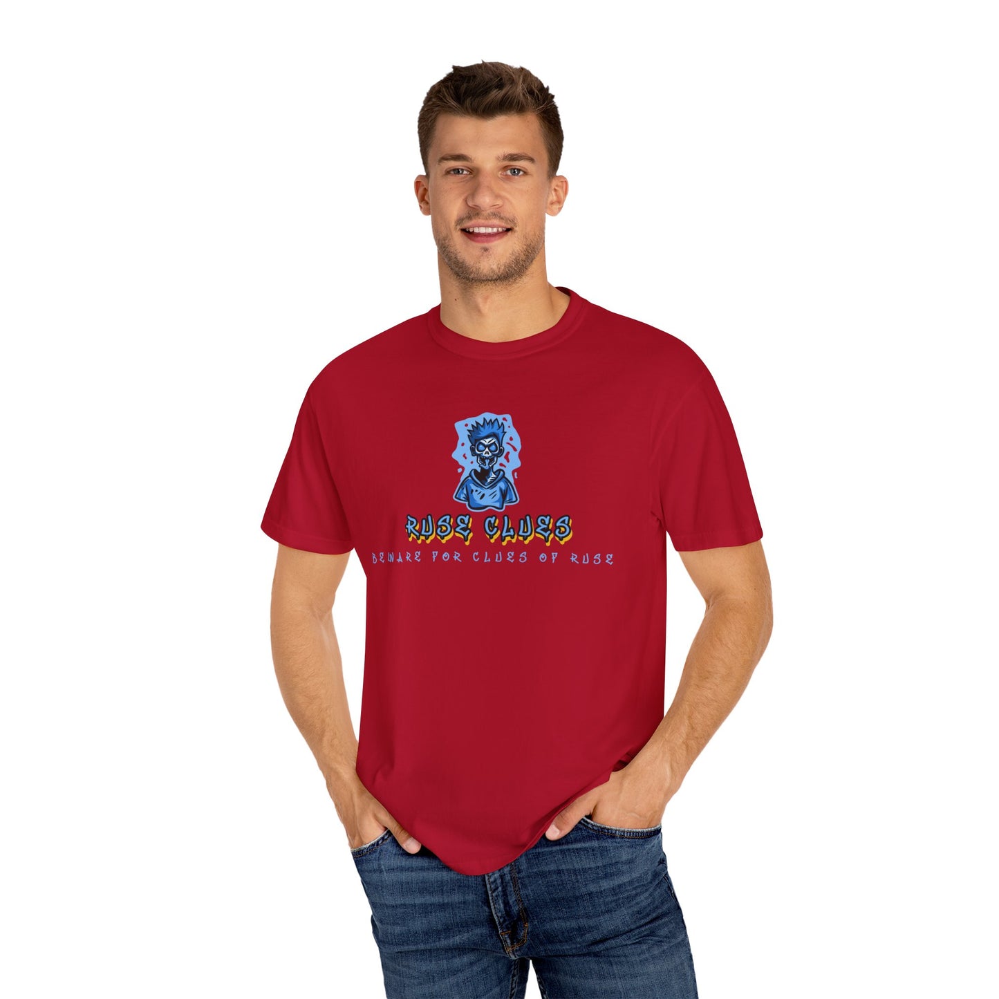 Garment-Dyed Ruse Clues T-Shirt - Unisex Graphic Shirt, Casual Wear, Gift for Friends, Street Fashion, Beach Day