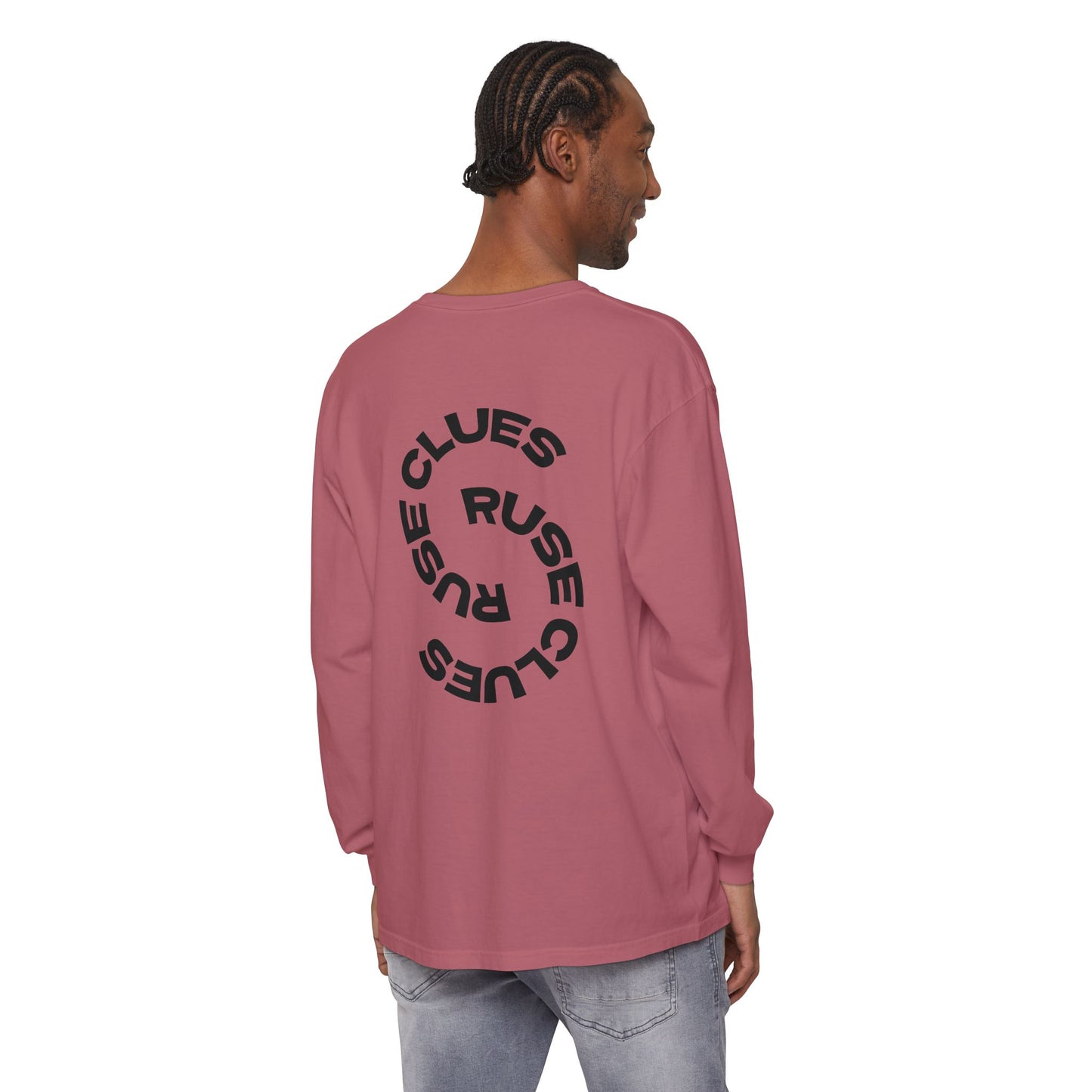 Unisex Garment-Dyed Long Sleeve Ruse Clues Tee, Casual Everyday Wear, Gift for Friends, Stylish Layering Piece, Trendy Fashion Statement