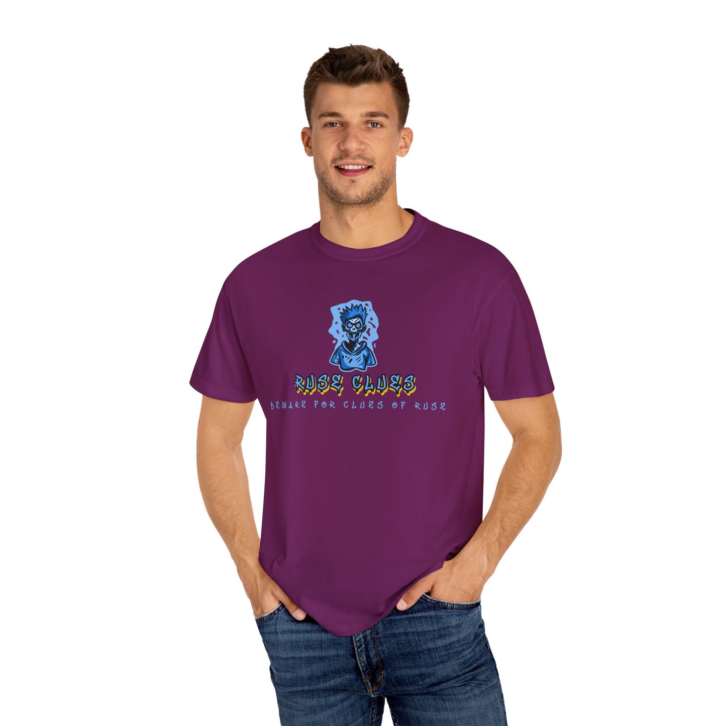 Garment-Dyed Ruse Clues T-Shirt - Unisex Graphic Shirt, Casual Wear, Gift for Friends, Street Fashion, Beach Day
