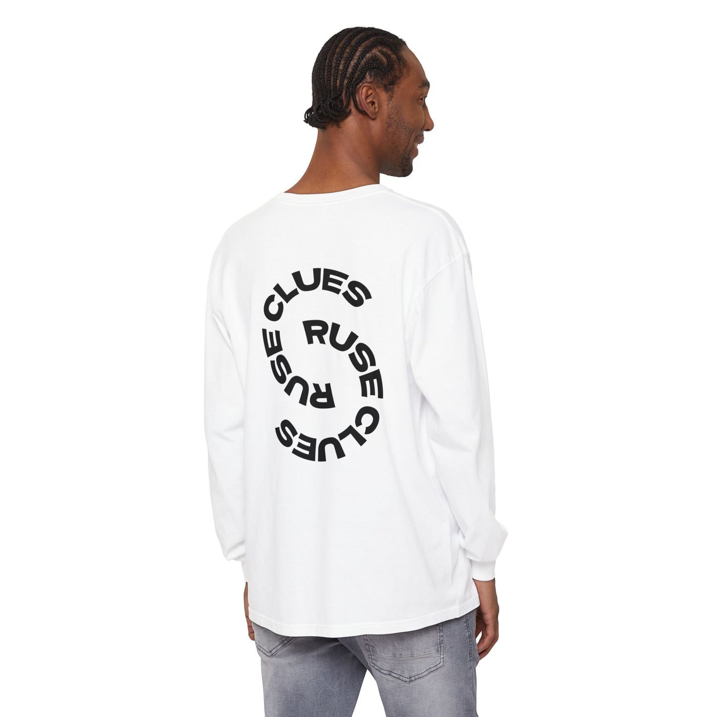 Unisex Garment-Dyed Long Sleeve Ruse Clues Tee, Casual Everyday Wear, Gift for Friends, Stylish Layering Piece, Trendy Fashion Statement