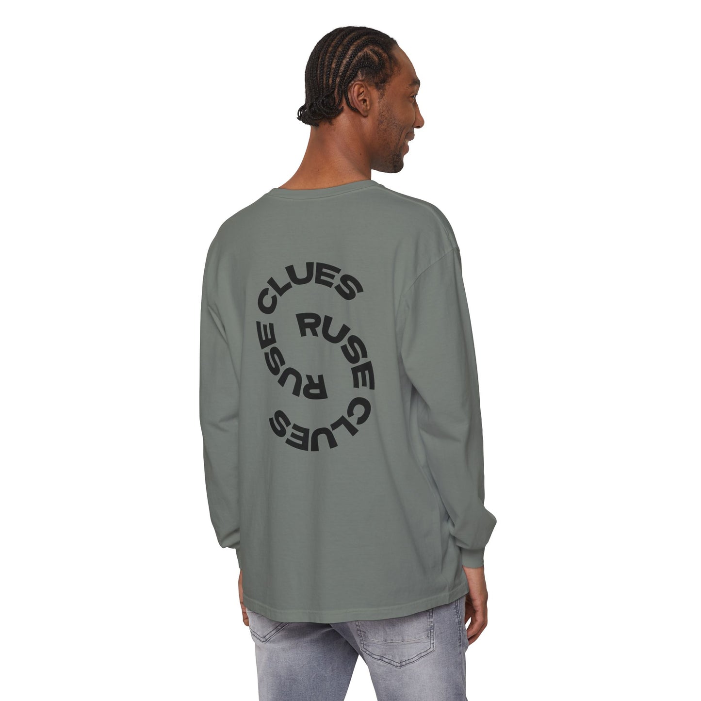 Unisex Garment-Dyed Long Sleeve Ruse Clues Tee, Casual Everyday Wear, Gift for Friends, Stylish Layering Piece, Trendy Fashion Statement