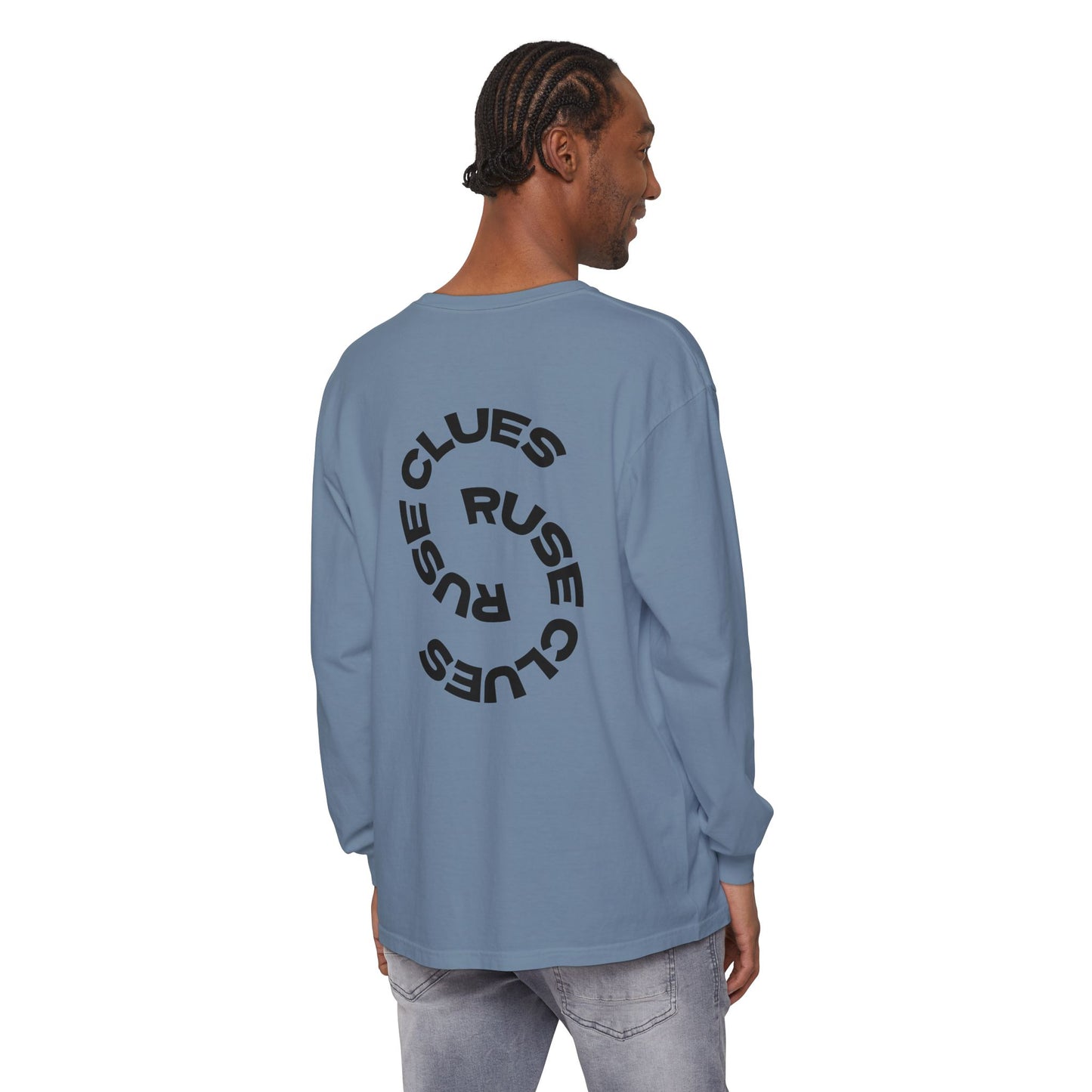 Unisex Garment-Dyed Long Sleeve Ruse Clues Tee, Casual Everyday Wear, Gift for Friends, Stylish Layering Piece, Trendy Fashion Statement