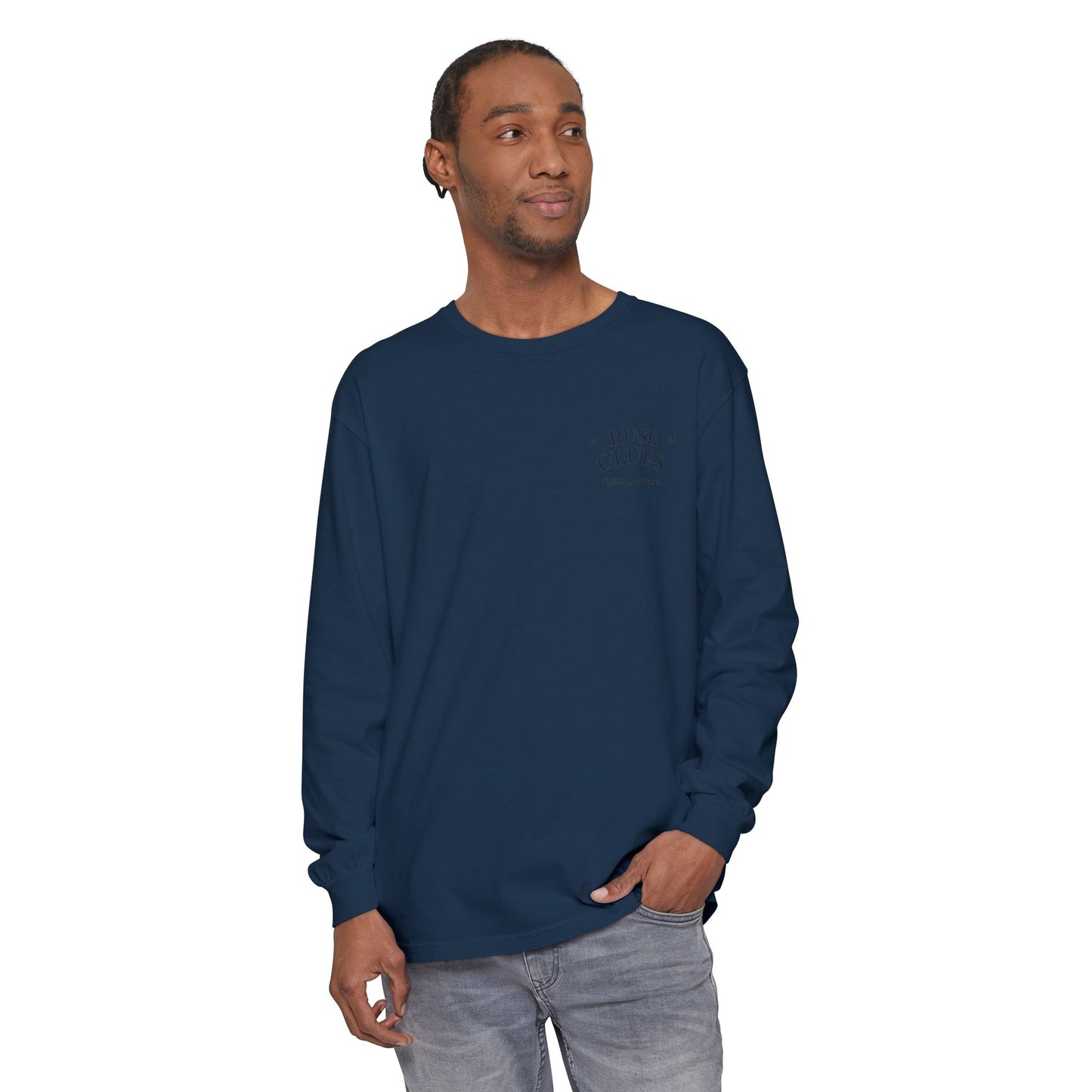 Unisex Garment-Dyed Long Sleeve Ruse Clues Tee, Casual Everyday Wear, Gift for Friends, Stylish Layering Piece, Trendy Fashion Statement