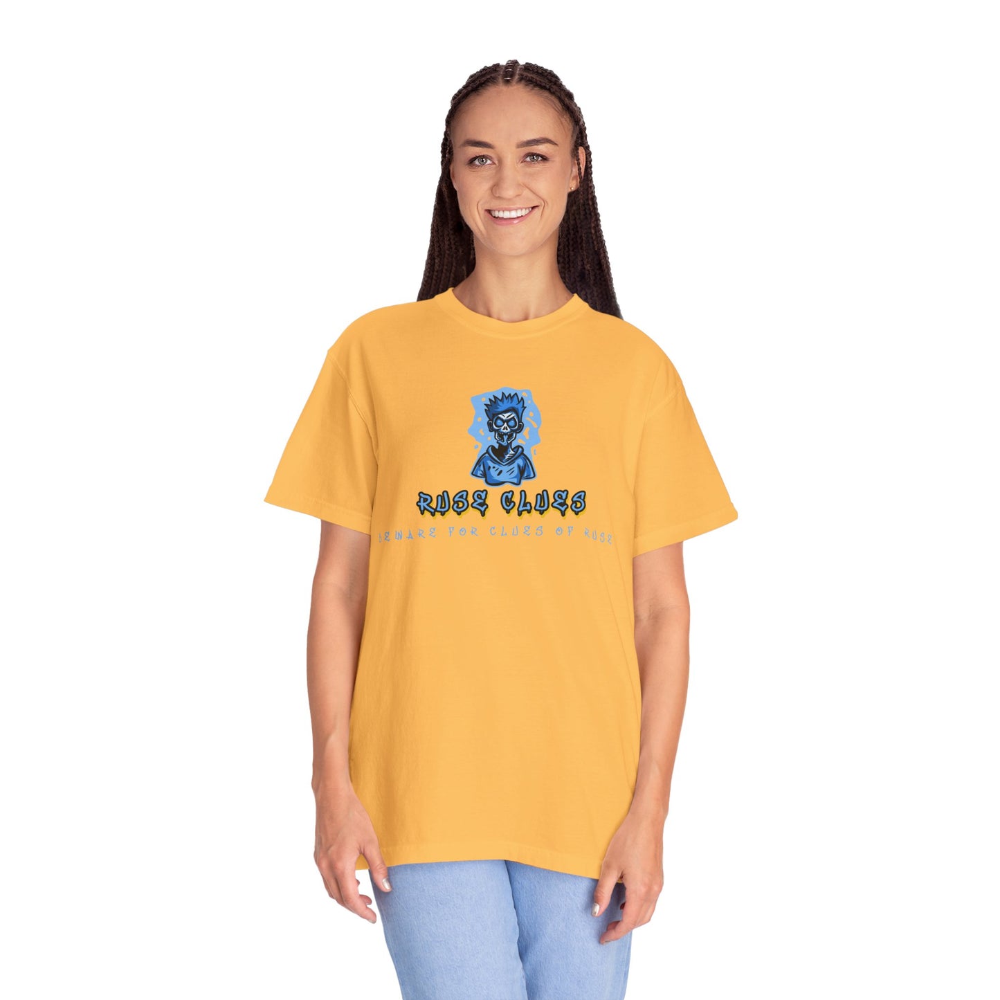 Garment-Dyed Ruse Clues T-Shirt - Unisex Graphic Shirt, Casual Wear, Gift for Friends, Street Fashion, Beach Day