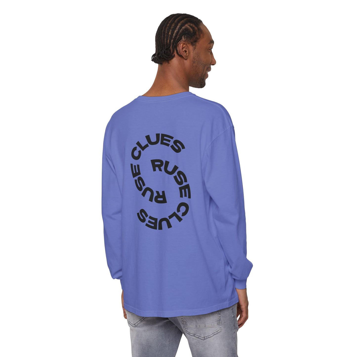 Unisex Garment-Dyed Long Sleeve Ruse Clues Tee, Casual Everyday Wear, Gift for Friends, Stylish Layering Piece, Trendy Fashion Statement