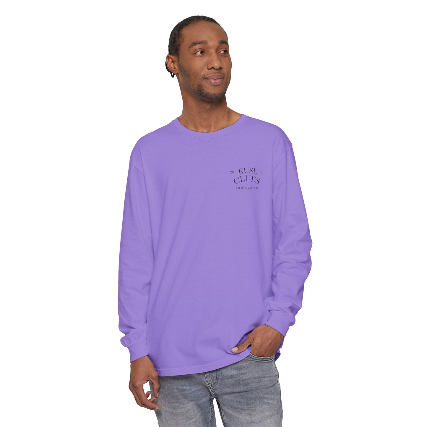 Unisex Garment-Dyed Long Sleeve Ruse Clues Tee, Casual Everyday Wear, Gift for Friends, Stylish Layering Piece, Trendy Fashion Statement