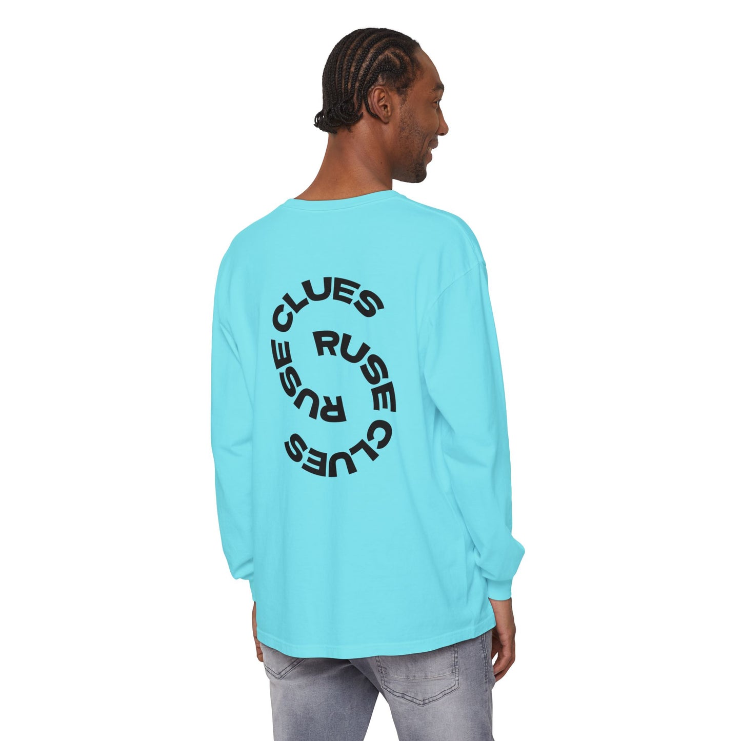 Unisex Garment-Dyed Long Sleeve Ruse Clues Tee, Casual Everyday Wear, Gift for Friends, Stylish Layering Piece, Trendy Fashion Statement