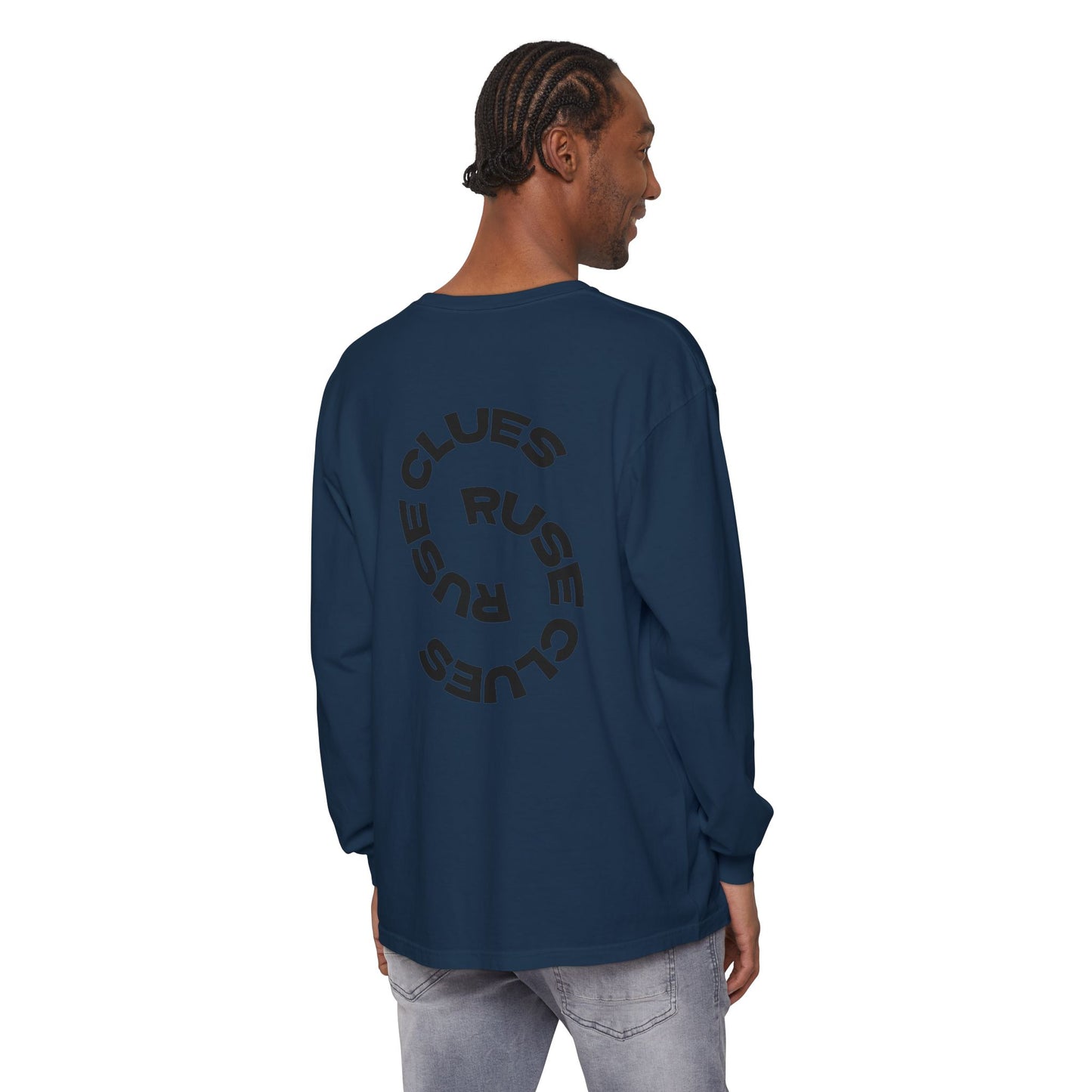 Unisex Garment-Dyed Long Sleeve Ruse Clues Tee, Casual Everyday Wear, Gift for Friends, Stylish Layering Piece, Trendy Fashion Statement