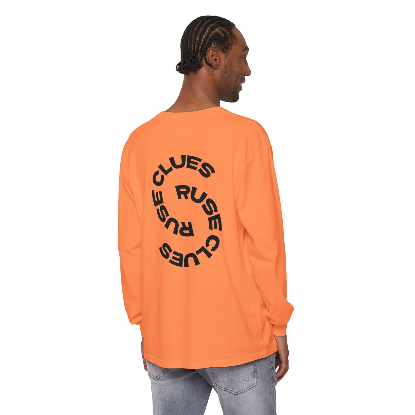 Unisex Garment-Dyed Long Sleeve Ruse Clues Tee, Casual Everyday Wear, Gift for Friends, Stylish Layering Piece, Trendy Fashion Statement