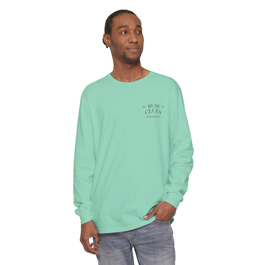 Unisex Garment-Dyed Long Sleeve Ruse Clues Tee, Casual Everyday Wear, Gift for Friends, Stylish Layering Piece, Trendy Fashion Statement