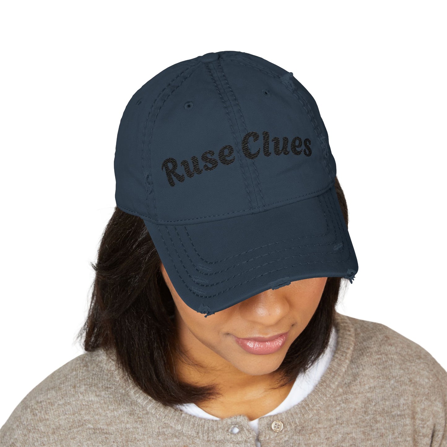 Distressed Dad Hat with Ruse Clues Embroidery | Casual Style Cap for Outdoor Adventures, Gifts for Dads, Unisex Fashion, Great for Summer BBQs