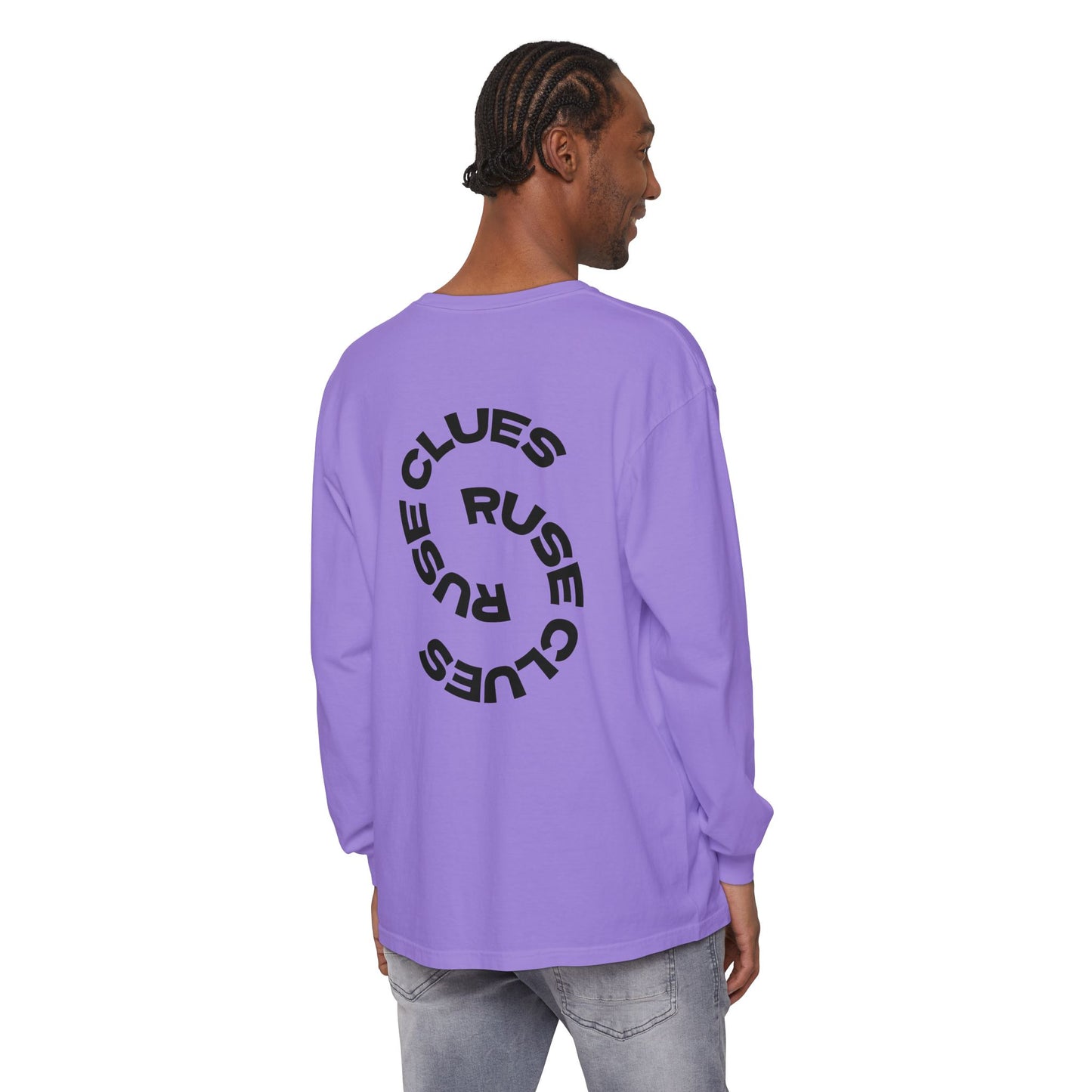 Unisex Garment-Dyed Long Sleeve Ruse Clues Tee, Casual Everyday Wear, Gift for Friends, Stylish Layering Piece, Trendy Fashion Statement