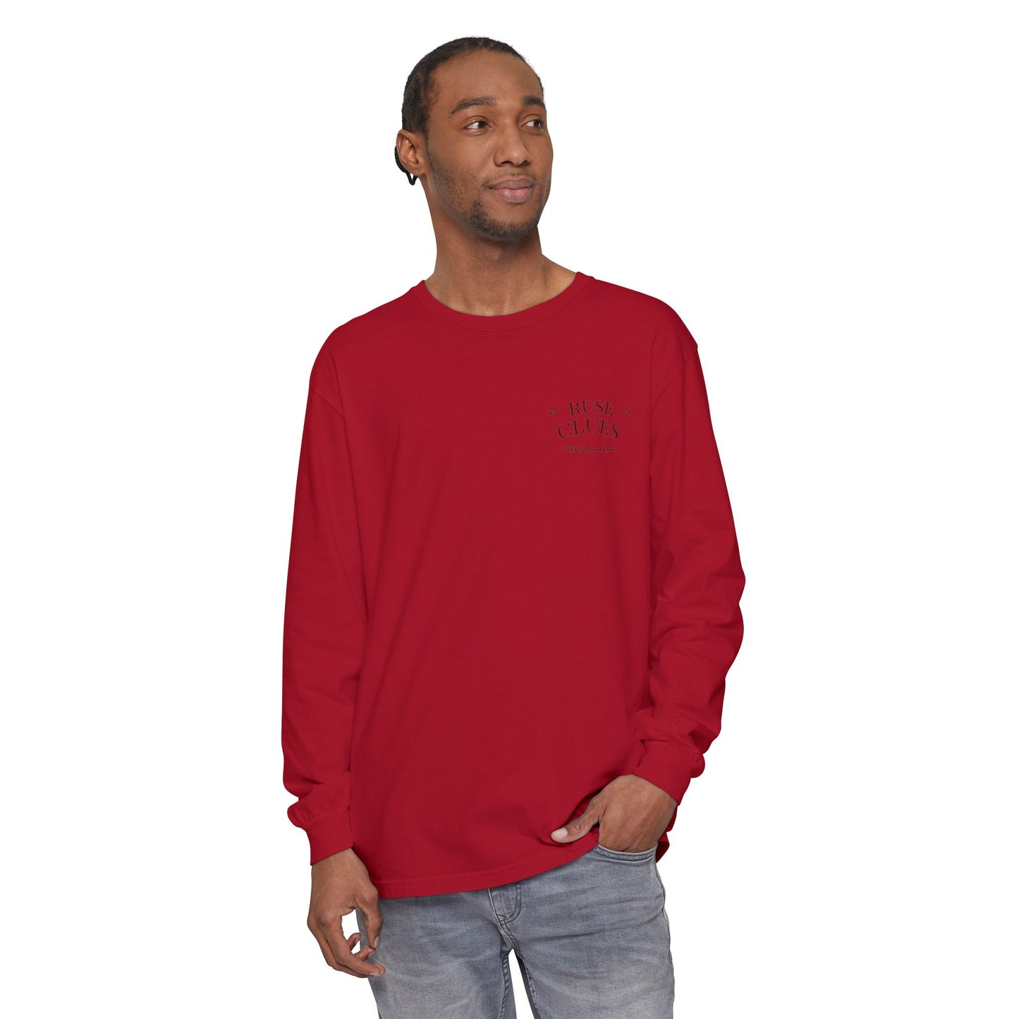 Unisex Garment-Dyed Long Sleeve Ruse Clues Tee, Casual Everyday Wear, Gift for Friends, Stylish Layering Piece, Trendy Fashion Statement