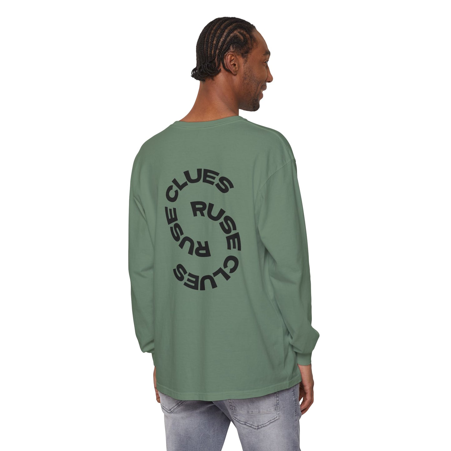 Unisex Garment-Dyed Long Sleeve Ruse Clues Tee, Casual Everyday Wear, Gift for Friends, Stylish Layering Piece, Trendy Fashion Statement