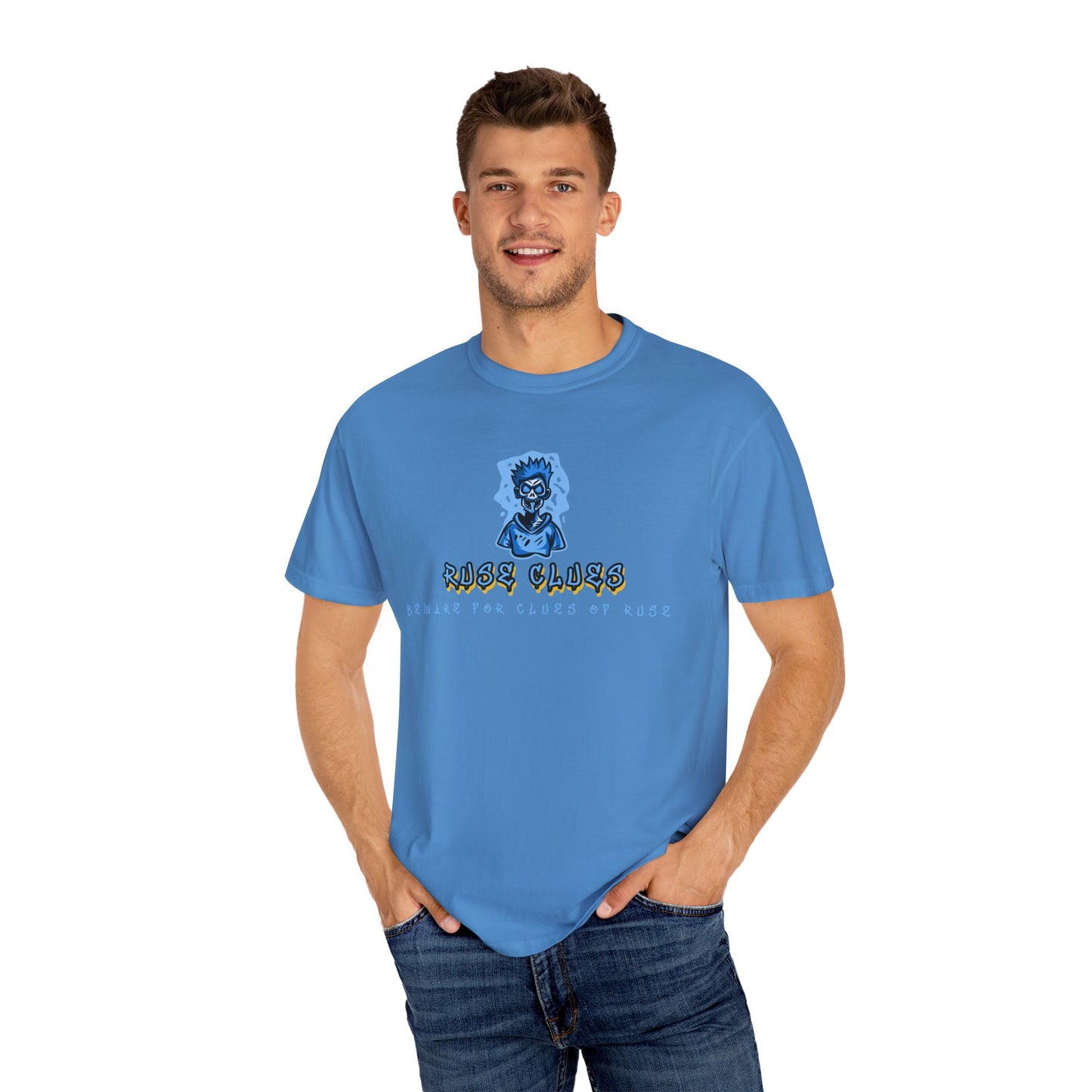 Garment-Dyed Ruse Clues T-Shirt - Unisex Graphic Shirt, Casual Wear, Gift for Friends, Street Fashion, Beach Day