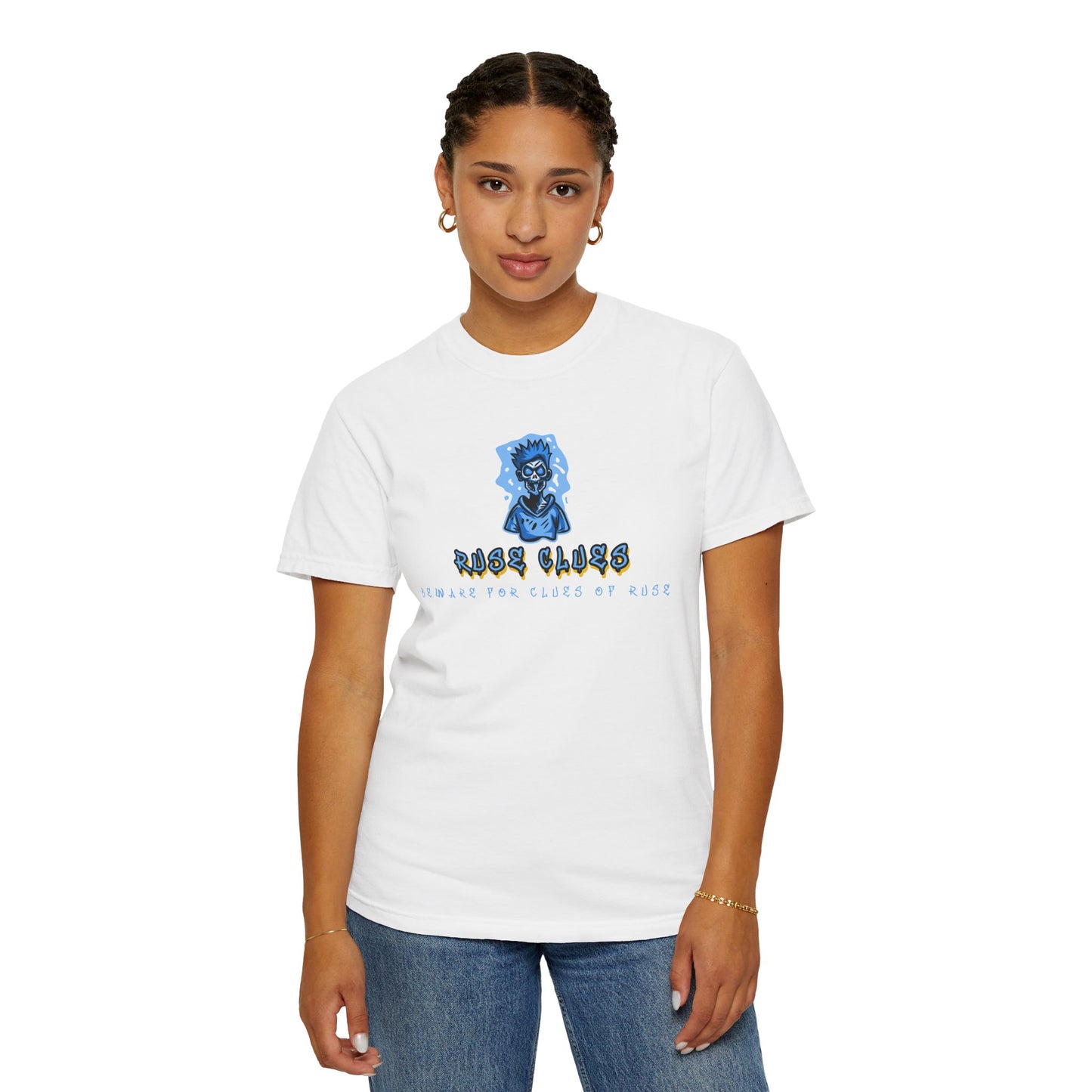 Garment-Dyed Ruse Clues T-Shirt - Unisex Graphic Shirt, Casual Wear, Gift for Friends, Street Fashion, Beach Day